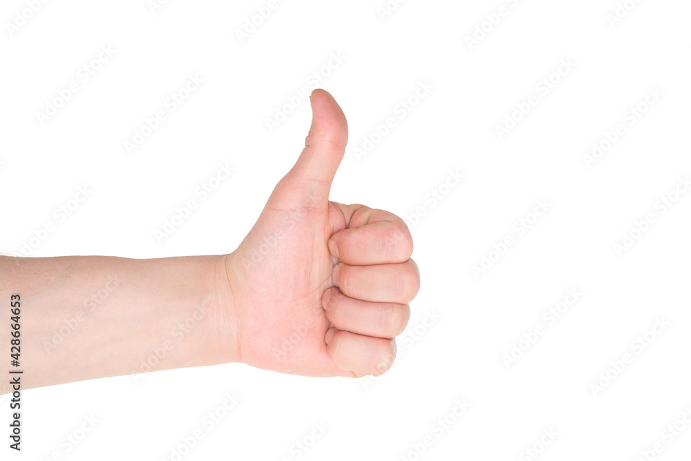 Male hand is showing a thumbs up isolated on the white background. Male hand is showing a thumbs up isolated on the white background.