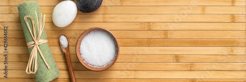 Photography Bath salts natural spa products top view on bamboo wooden texture background with copy space for wellness health concepts