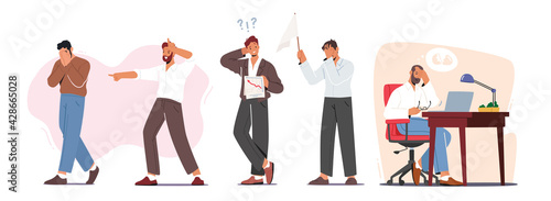 Set of Male Characters Losers. Businessman Deleted Important Data from Computer, Hater Laughing on Upset Man, Stupid