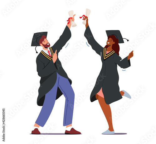 Male and Female Alumnus Characters Graduating University, College or School. Cheerful Graduates People in Academical Cap