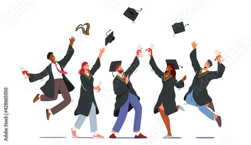 Group of Male and Female Characters in Graduation Gowns and Caps Rejoice, Jumping and Cheering Up Happy to Get Diploma photo