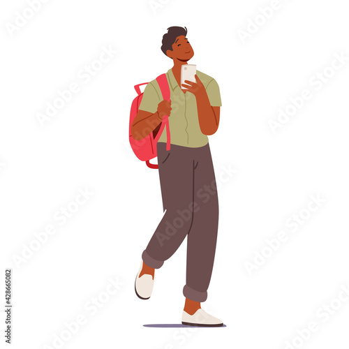 Student Teenager with Mobile Phone. Young Smiling Male Character Communicating in Social Media Networks