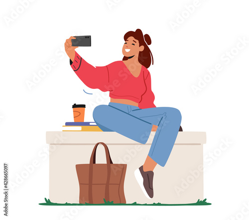 Young Woman Character Posing and Photographing on Mobile Phone Camera for Posting Pictures in Internet, Student Selfie