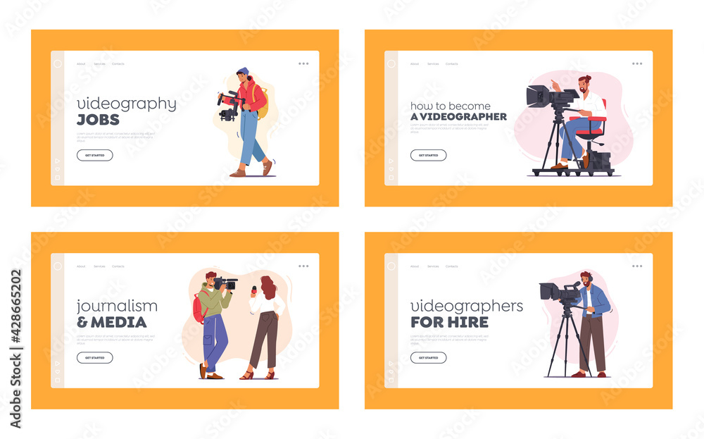 Mass Media Industry Profession Landing Page Template Set. Professional Videographer Characters Record Video or Movie