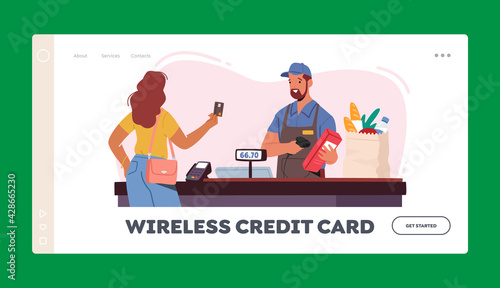 Noncontact Payment Landing Page Template. Female Customer Character Stand in Supermarket Prepare Credit Card