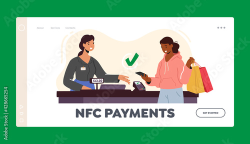 NFC Technologies Landing Page Template. Contactless Payment with Card Reader Machine. Female Character in Supermarket