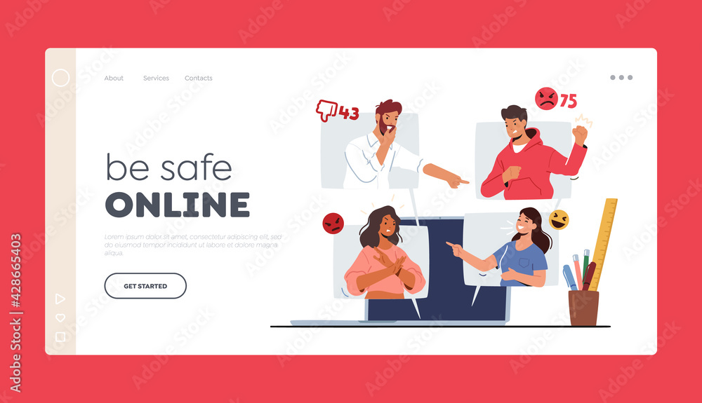 Cyberbullying Network Abuse and Harassment Landing Page Template. Cyber Bullying Problem. Haters Character on Pc Screen