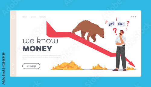 We Know Money Landing Page Template. Trader Searching Wise Financial Solution for Money. Doubtful Businessman Character
