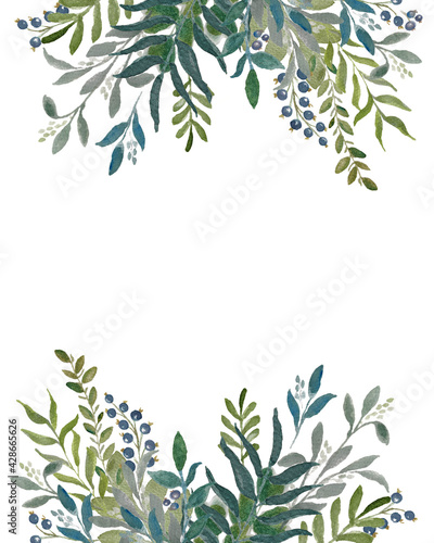 A template of a postcard with a watercolor green leaves on the branches. Wedding invitation template. Square arrangement. © Mihai