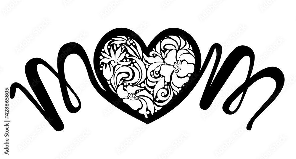 Mothers Day. Heart made of lilies, painted by lettering mom, painted black, file for cutting. Illustration isolated on white background. Mothers Day. Heart made of lilies, painted by lettering mom, painted black, file for cutting. Illustration isolated on white background.