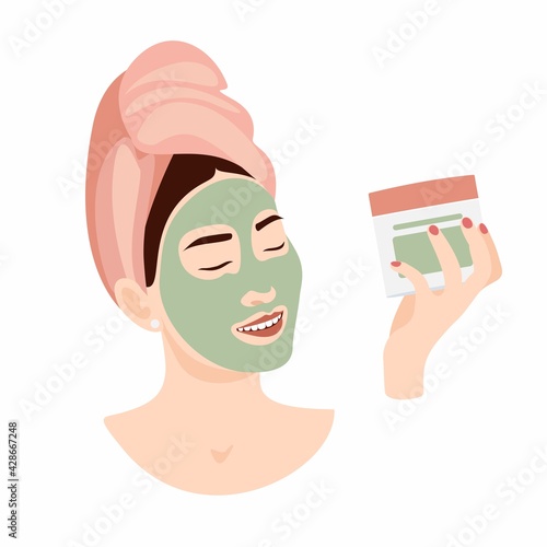Skincare routine. Young adult woman with green clay spa mask on her face. Woman holding container with facial cosmetic mask. Flat vector illustrations on white background.