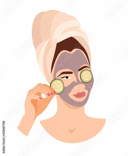 Facial mask beauty product . Young adult woman with black clay mask in bath towel. Skin care relaxing with cucmber slices on eyes. Flat vector illustrations on white background.