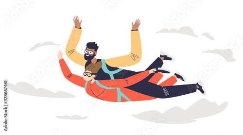 Couple in tandem skydiving jump with parachute in free falling. Happy man and woman paragliding