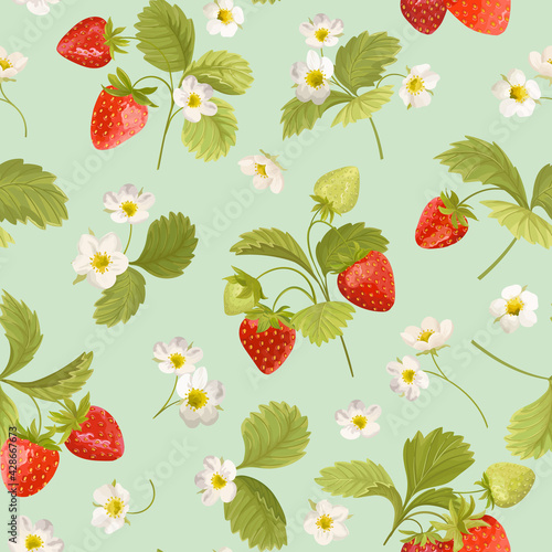 Strawberry pattern with flowers, wild berries, leaves background. Vector seamless texture illustration