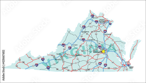 Vector map of the state of Virginia and its Interstate System.