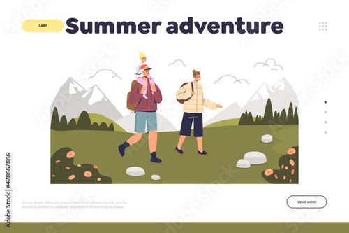 Summer adventure concept of landing page with young family on vacation hiking in mountains