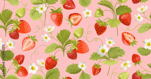 Strawberry pattern with flowers, wild berries, leaves background. Vector seamless texture illustration