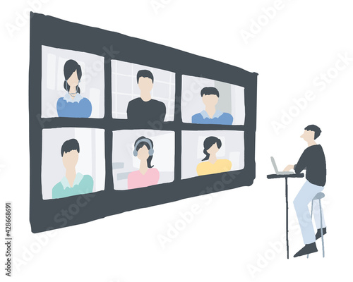 テレビ会議をしている男性　Man having a video conference  Person illustration