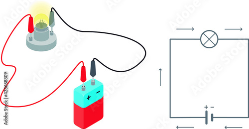 Isolated vector illustrations of a direct circuit in isometric view and simple diagram. 