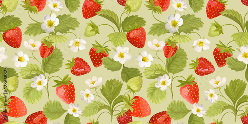 Strawberry pattern with flowers, wild berries, leaves background. Vector seamless texture illustration