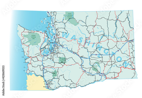 Vector map of the state of Washington and its Interstate System.