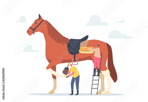 Tiny Stableman and Woman Characters Care of Huge Purebred Horse Cleaning Skin and Hooves with Brush Prepare Stallion