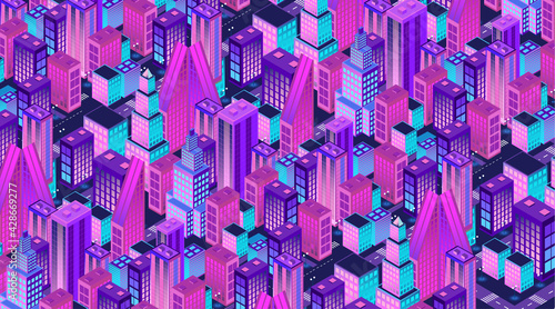 Isometric city vector.Smart town with road , trees,smart city and public park,building 3d,capital , Vector office and metropolis concept. Trending image.  Night city. Neon glow.