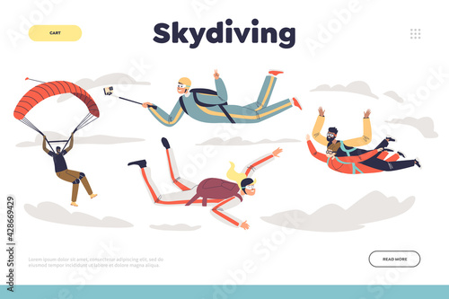 Skydiving concept of landing page with people jump with parachute. Group of parachutists paragliding