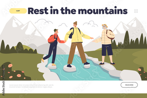 Rest in mountains concept of landing page with family on active vacation hike in together