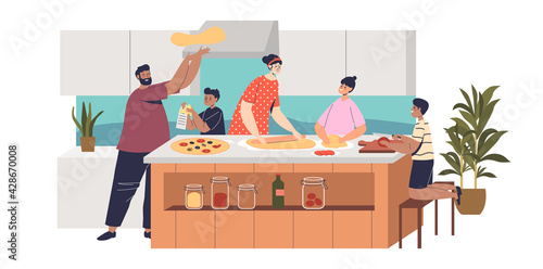 Big family cook pizza together at kitchen. Happy parents and kids preparing traditional italian dish