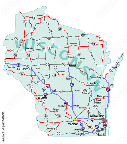 Vector map of the state of Wisconsin and its Interstate System.