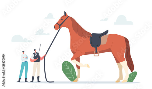 Equestrian Sport and Horse Training. Tiny Trainer and Jockey Characters near Huge Thoroughbred Stallion Train Animal