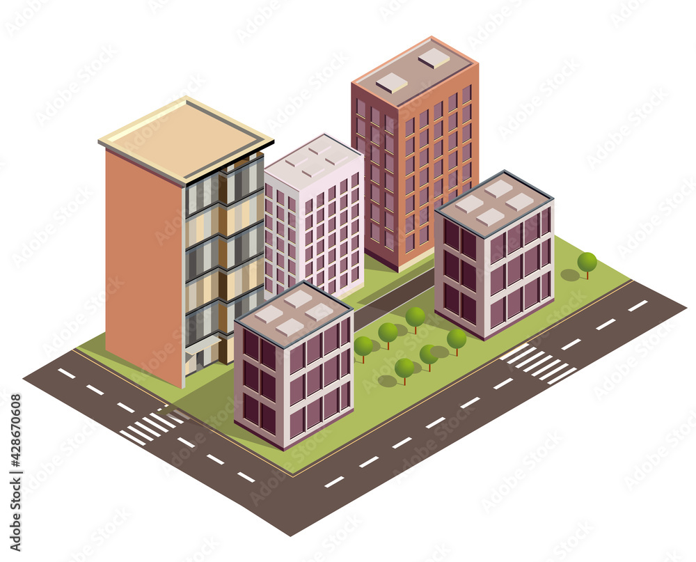 Isometric city vector.Smart town with road , trees,smart city and public park,building 3d,capital , Vector office and metropolis concept. Trending image.  Night city. Neon glow.