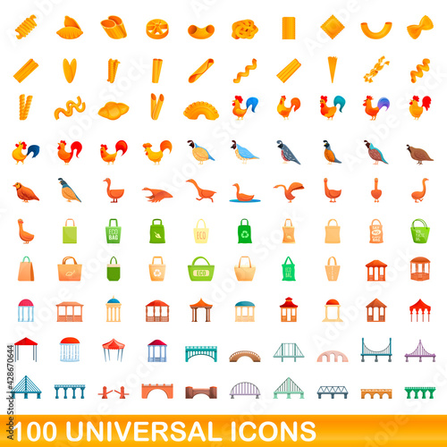 100 universal icons set. Cartoon illustration of 100 universal icons vector set isolated on white background