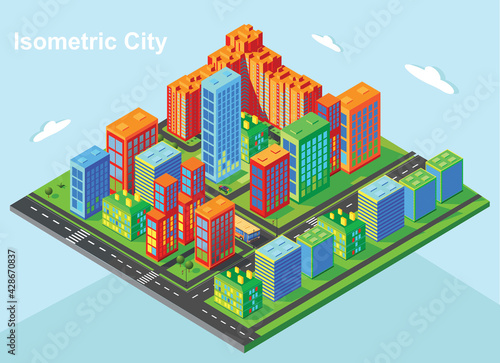 Isometric city vector.Smart town with road   trees smart city and public park building 3d capital   Vector office and metropolis concept. Trending image.  Night city. Neon glow.
