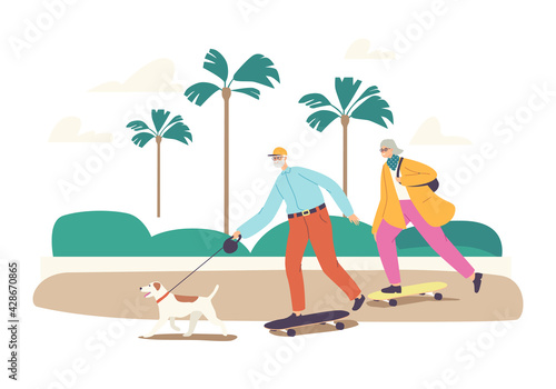 Senior Family Characters Skateboard Summertime Activity. Old Man, Woman and Dog Healthy Active Lifestyle, Vacation Relax