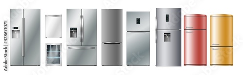 Set of realistic refrigerators of different size, style and color. 3d fridges collection