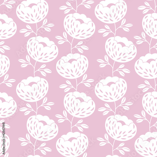 Seamless floral pattern based on traditional folk art ornaments. Modern flowers on color background. Scandinavian style. Sweden nordic style. Vector illustration. Simple minimalistic pattern