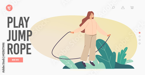 Little Girl Character Exercise with Jump Rope Landing Page Template. Child Playing on Street  Jumping and Summer Rejoice