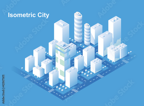 Isometric city vector.Smart town with road , trees,smart city and public park,building 3d,capital , Vector office and metropolis concept. Trending image. 