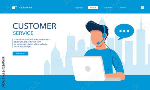 Customer service landing page. Man with headphones and microphone with laptop. Concept illustration for support, assistance, call center. Vector illustration in flat style