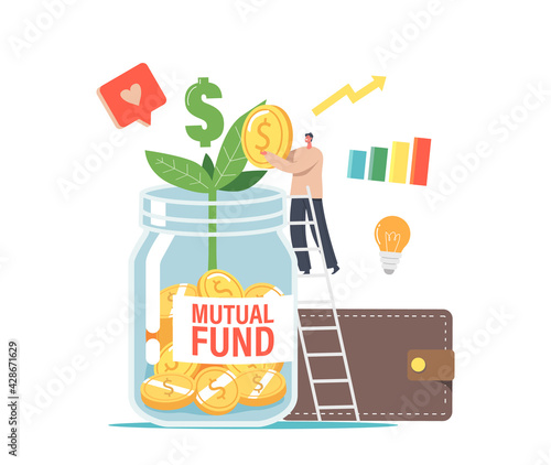 Finance Help via Mutual Fund Business Concept. Office Character or Businessman Put Gold Coin into Huge Jar with Sprout