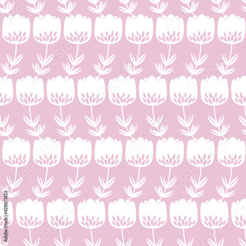Seamless floral pattern based on traditional folk art ornaments. Modern flowers on color background. Scandinavian style. Sweden nordic style. Vector illustration. Simple minimalistic pattern