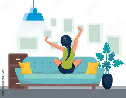 Woman stretching on sofa after wake up. Concept for holidays and vacations. Flat vector illustration