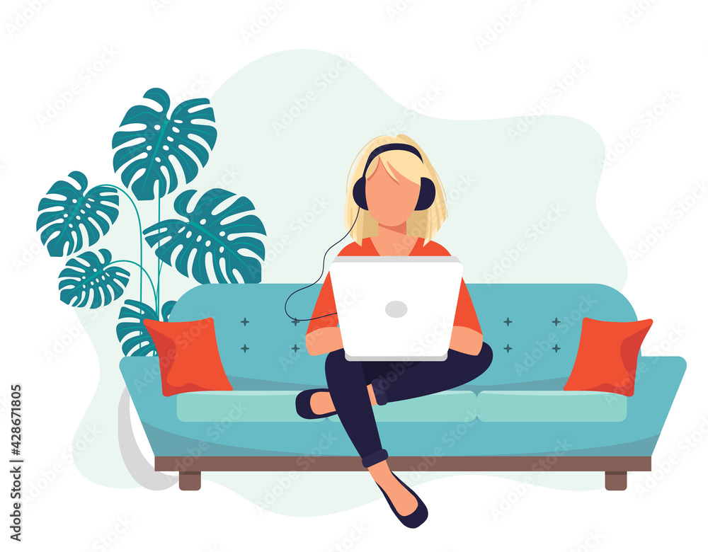 Home office concept, woman working from home, student or freelancer. Vector illustration in flat style Home office concept, woman working from home, student or freelancer. Vector illustration in flat style