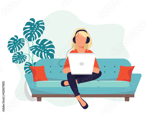 Home office concept, woman working from home, student or freelancer. Vector illustration in flat style