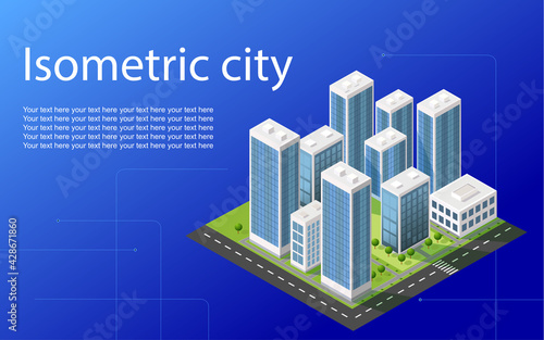 Isometric city vector.Smart town with road   trees smart city and public park building 3d capital   Vector office and metropolis concept. Trending image.