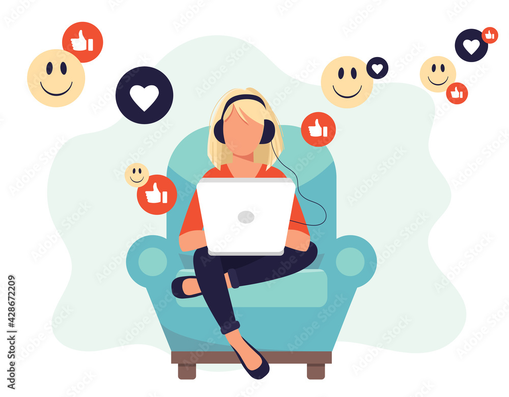 Social network. Woman using lap top for social networking. Chatting. Creative flat design for web banner, marketing material, business presentation, online advertising. Flat vector illustration