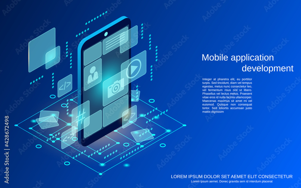 Mobile application development, program coding, web programming, mobile interface construction flat 3d isometric vector concept illustration Mobile application development, program coding, web programming, mobile interface construction flat 3d isometric vector concept illustration