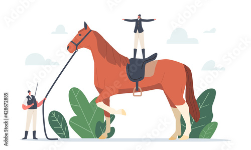 Equestrian Sport Club, Horse Training Concept. Tiny Trainer Character Wearing Uniform Holding Whip and Harness